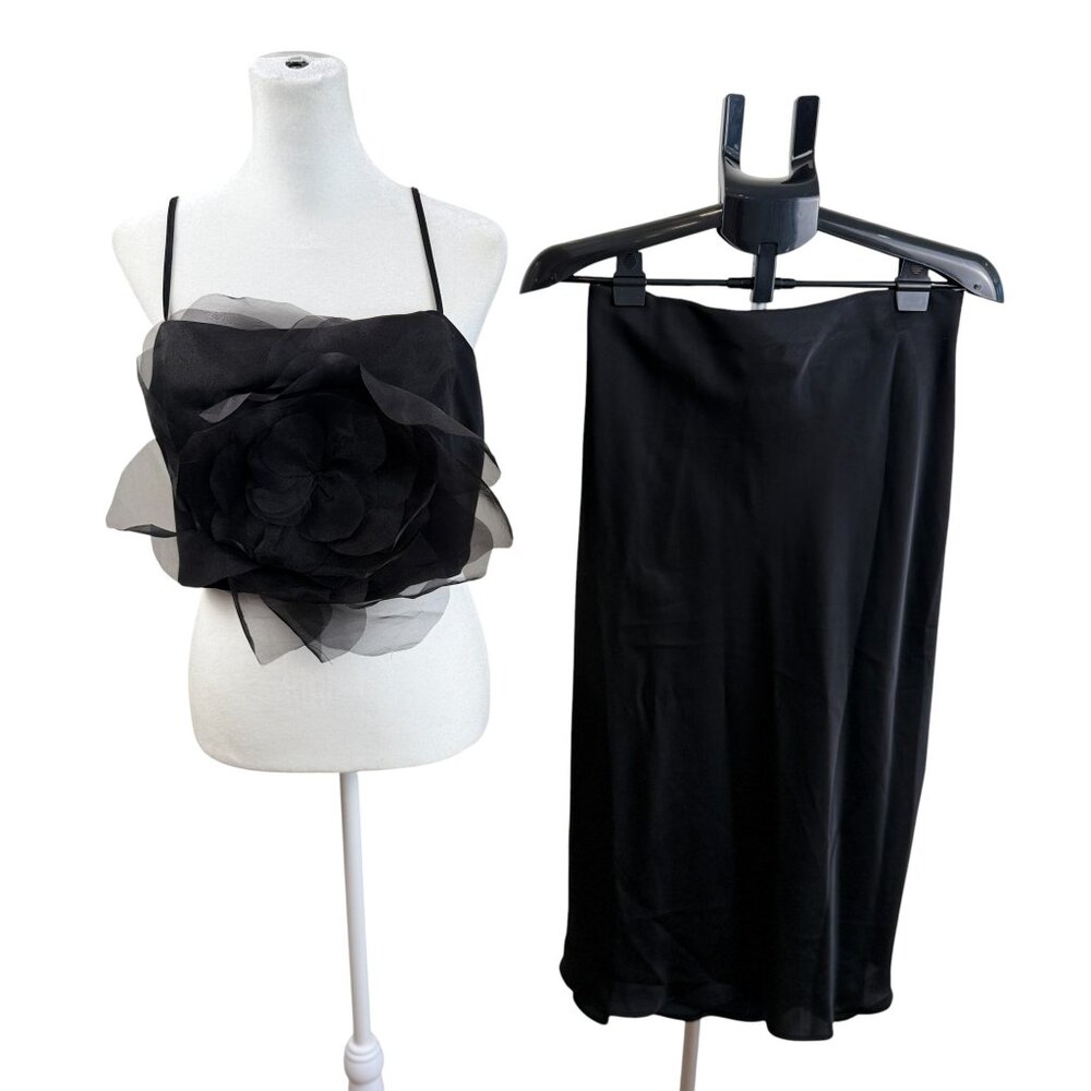 Rachel Zoe Black Organza Floral Top & Slip Skirt Set – Medium